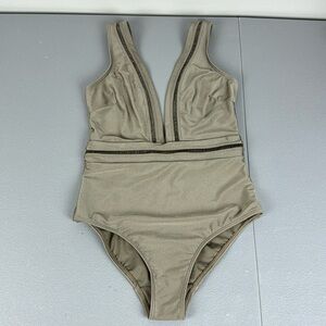 Ted Baker Pointelle Deep V Olive Green One Piece Swim Suit. Size 6 (Ted 2).